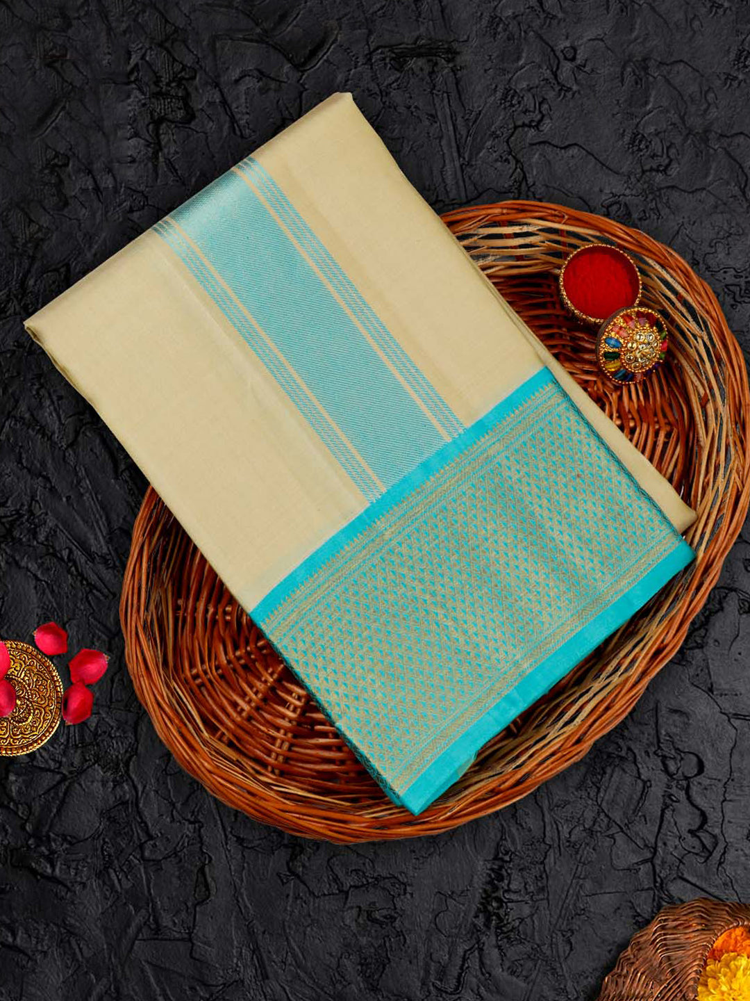 Premium Pure Silk Cream Dhoti and Towel Set with 4 1/2" inch Jari Fancy Border Agarshanaa