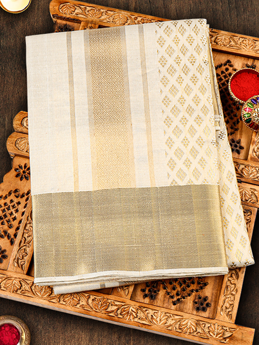 Men Luxury Handmade Pure Silk Tissue Jacquard Dhoti & Towel Set with 4" inch Gold Jari Fancy Border Agarshanaa