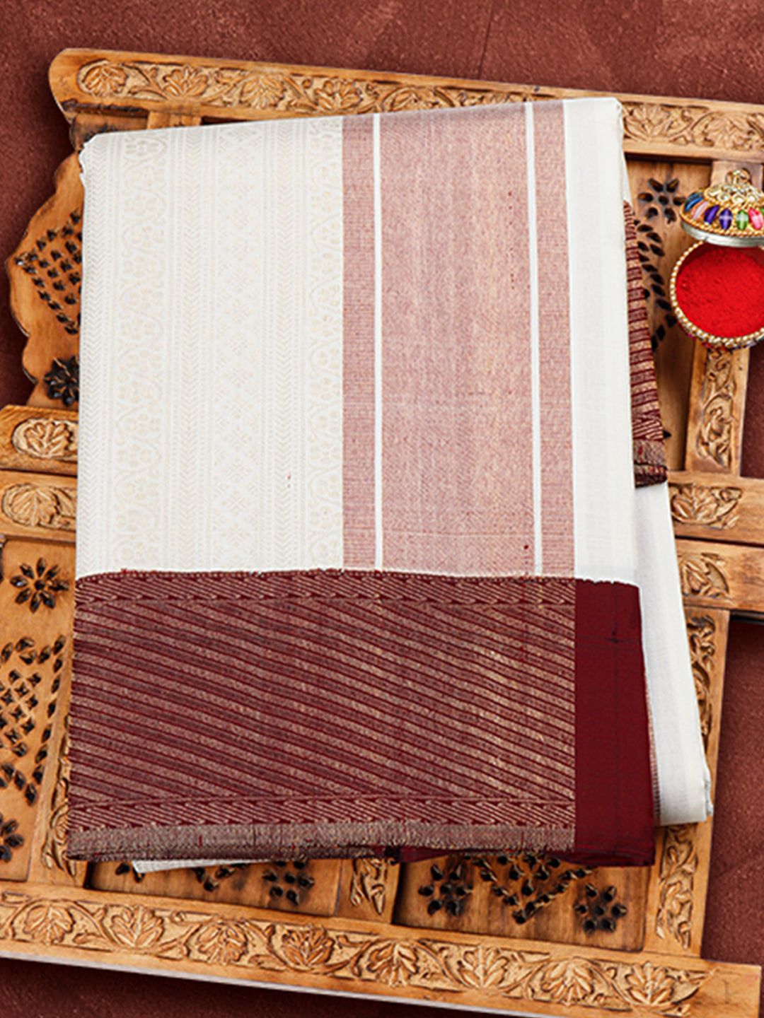 Men Handcrafted Pure Silk Cream Dhoti & Towel Set with 5" inch Korvai Jari Border Jari Border Agarshanaa