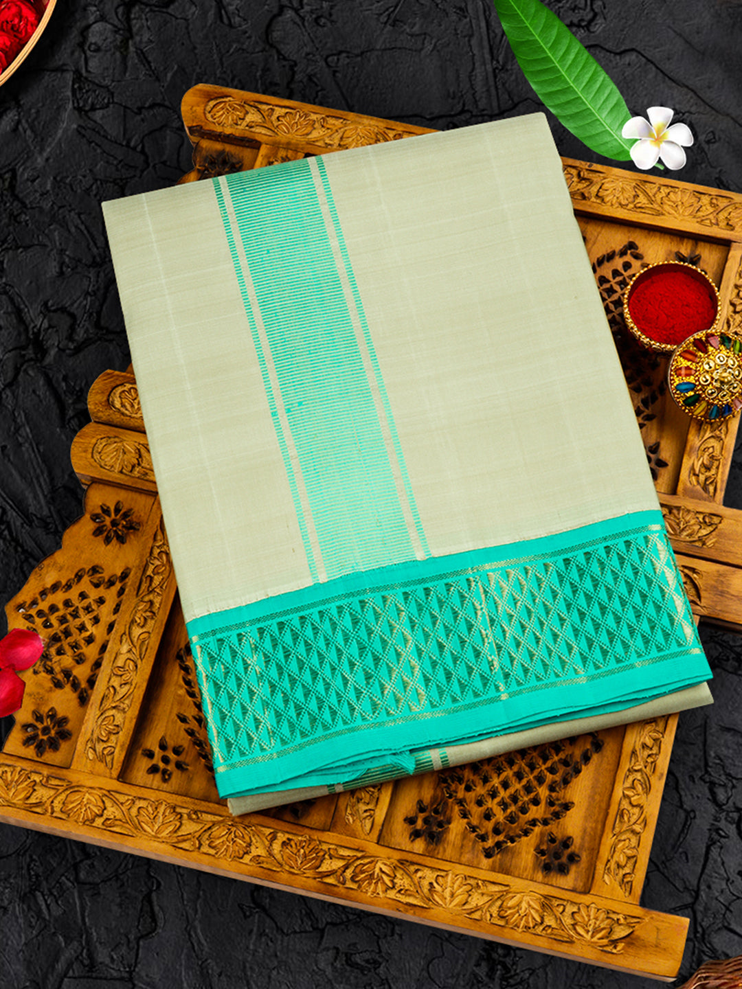 Premium Pure Silk Cream Dhoti With Angavastram "Agarshanaa"