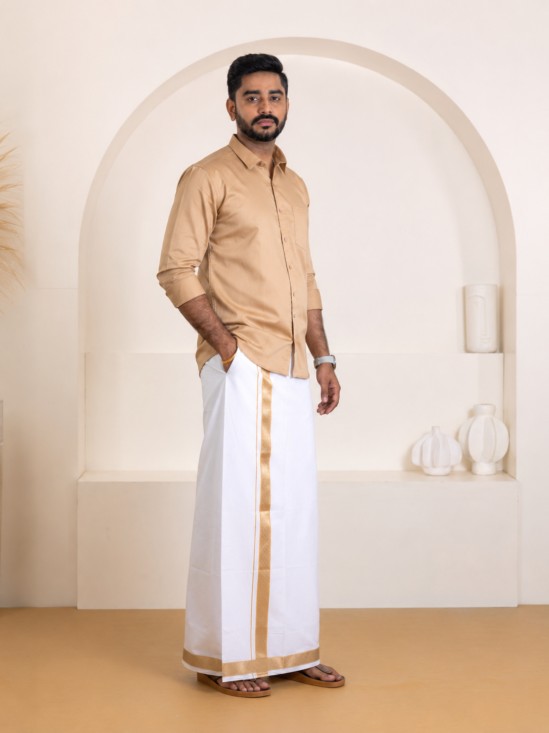 100% Cotton Brown Shirt and Colour Jari Border Dhoti Set BT1
