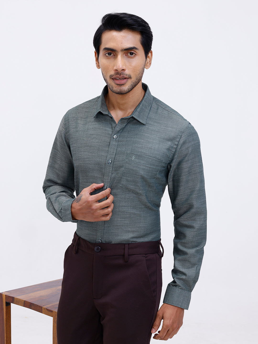 Men Cotton Rich Full Sleeve Shirt Green Dobby T59 AIT3