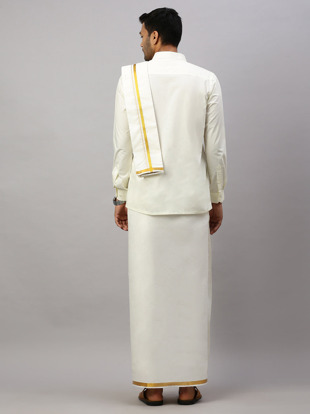Mens Double Dhoti with Towel Cream with Gold Jari 3/4" Nithyanjali