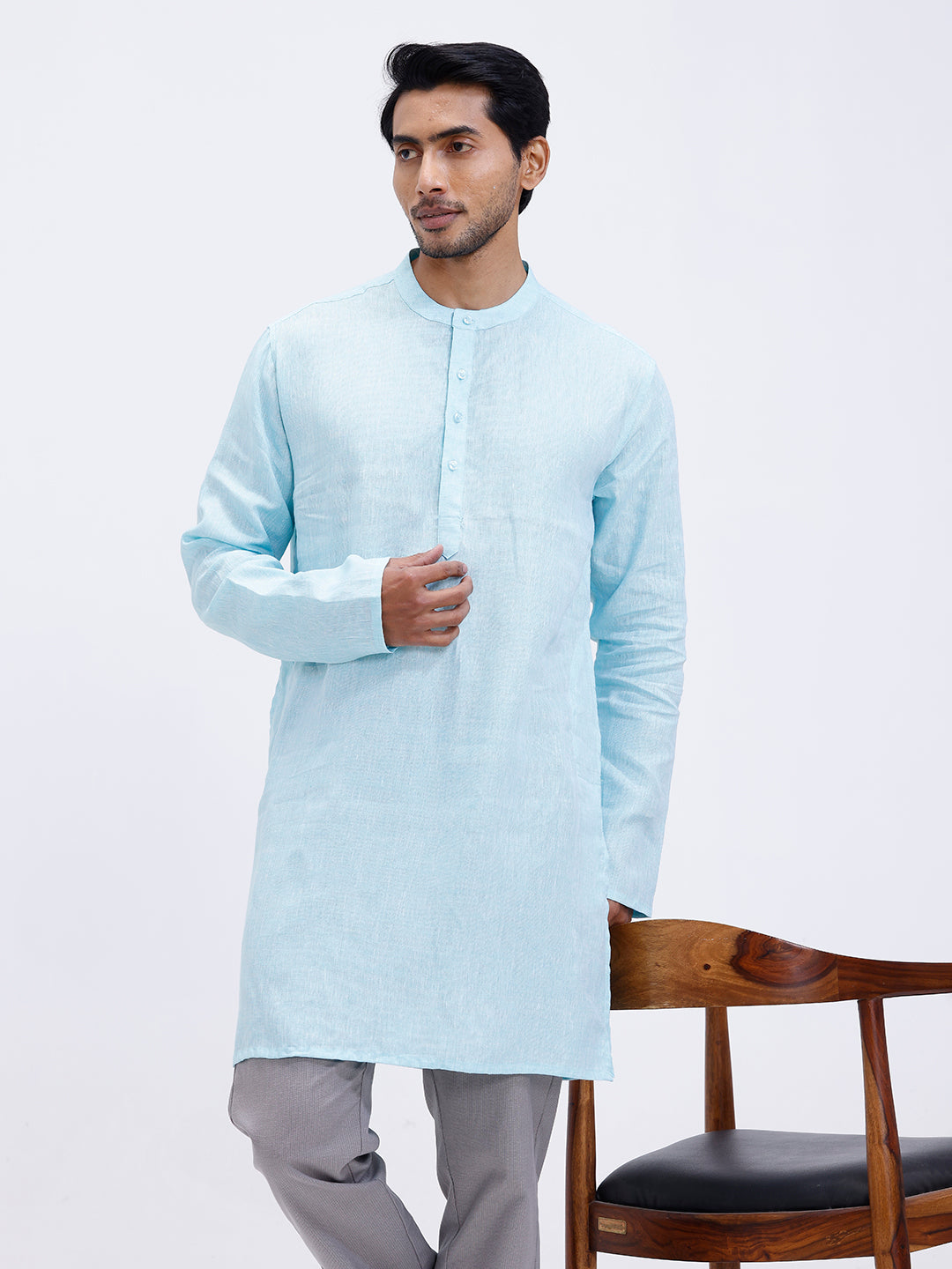 Men Pure Linen Medium Length Plain Pocket Kurta Light Mint Blue KAL4