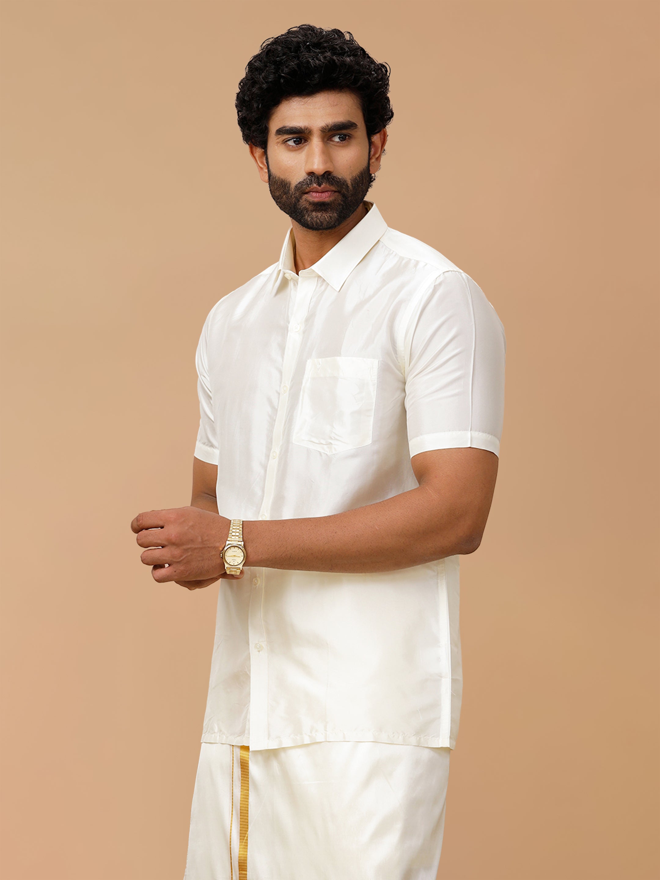 Pure Silk Cream Regular Fit Shirt