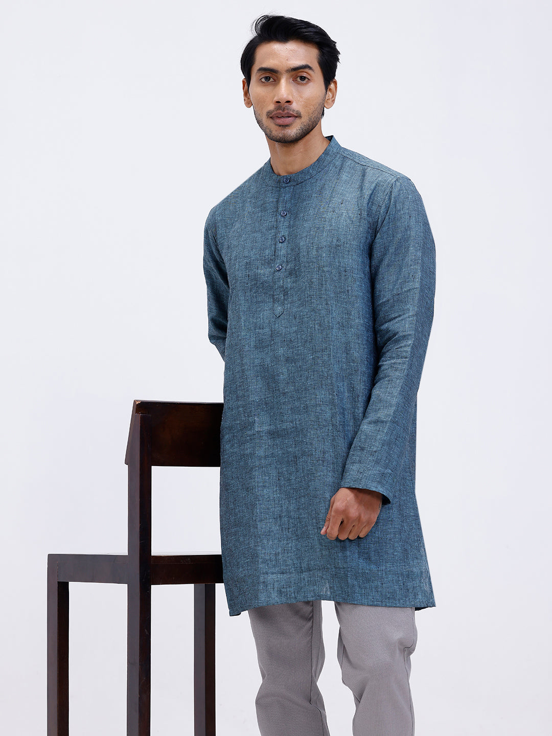 Men Pure Linen Medium Length Plain Pocket Kurta Greenish Blue KAL2