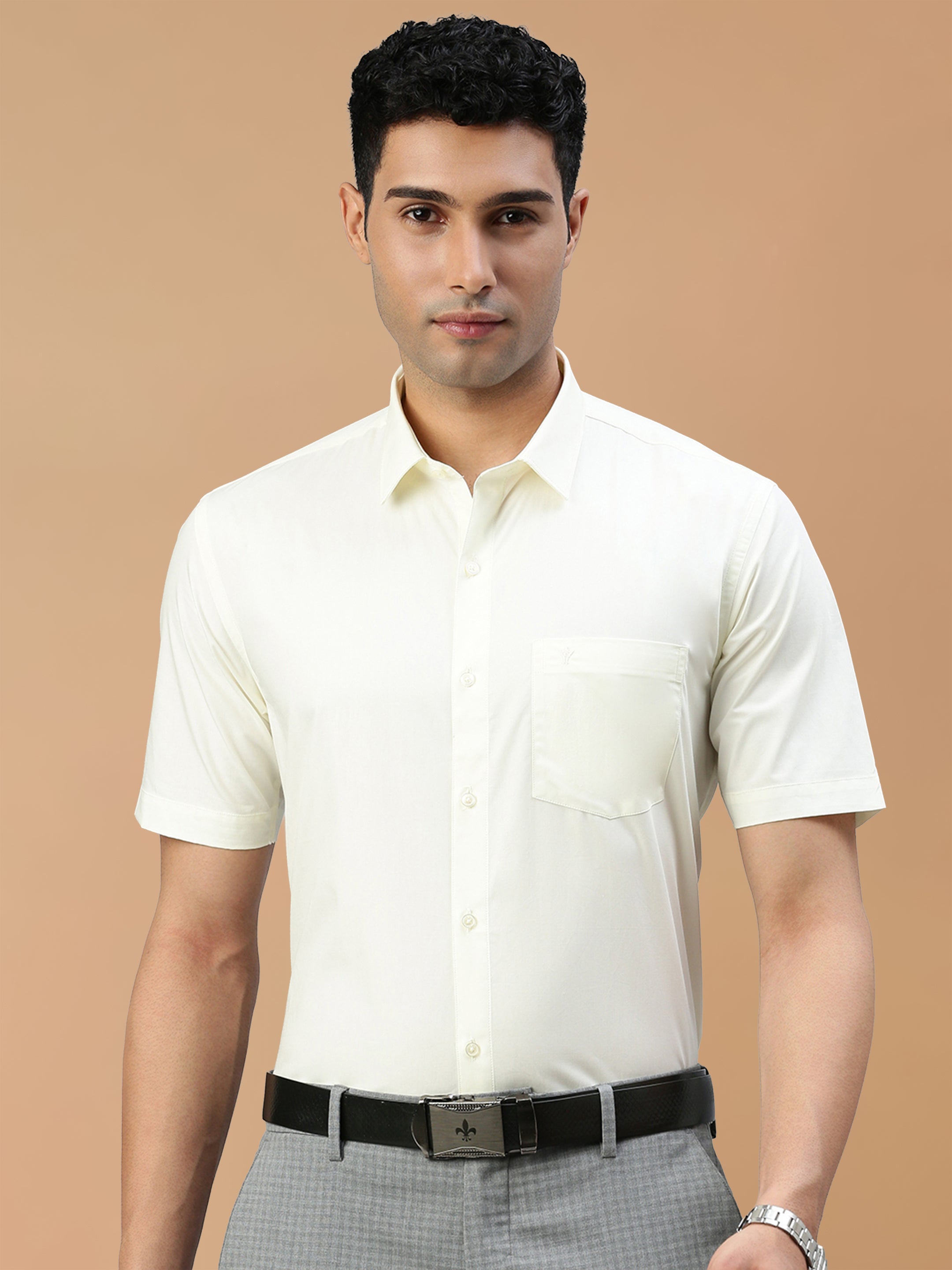 Cotton Rich Cream Regular Fit Shirt Mangalyam