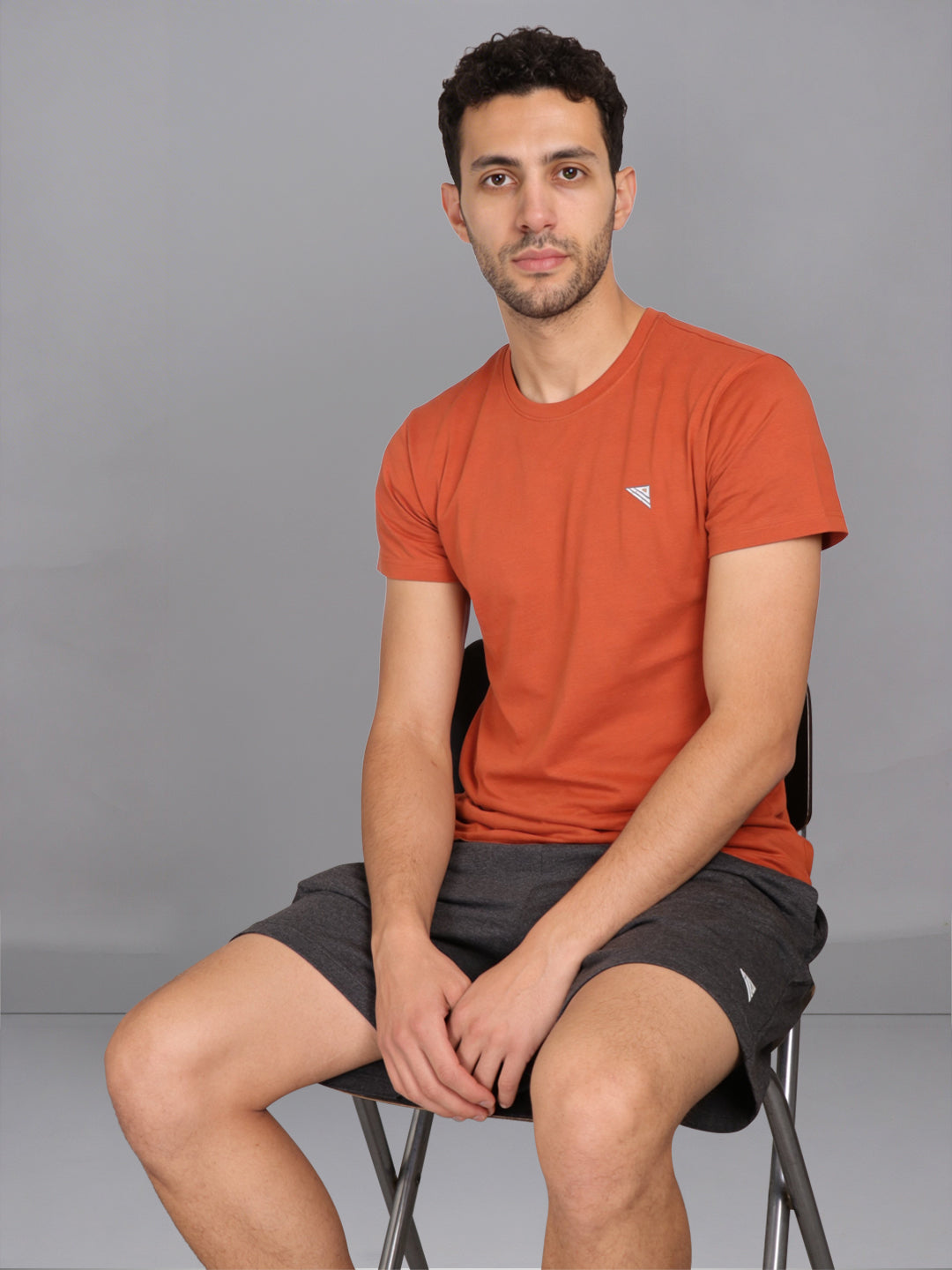 Men Orange Crew neck T-Shirt with Charcoal Shorts Combo ES8