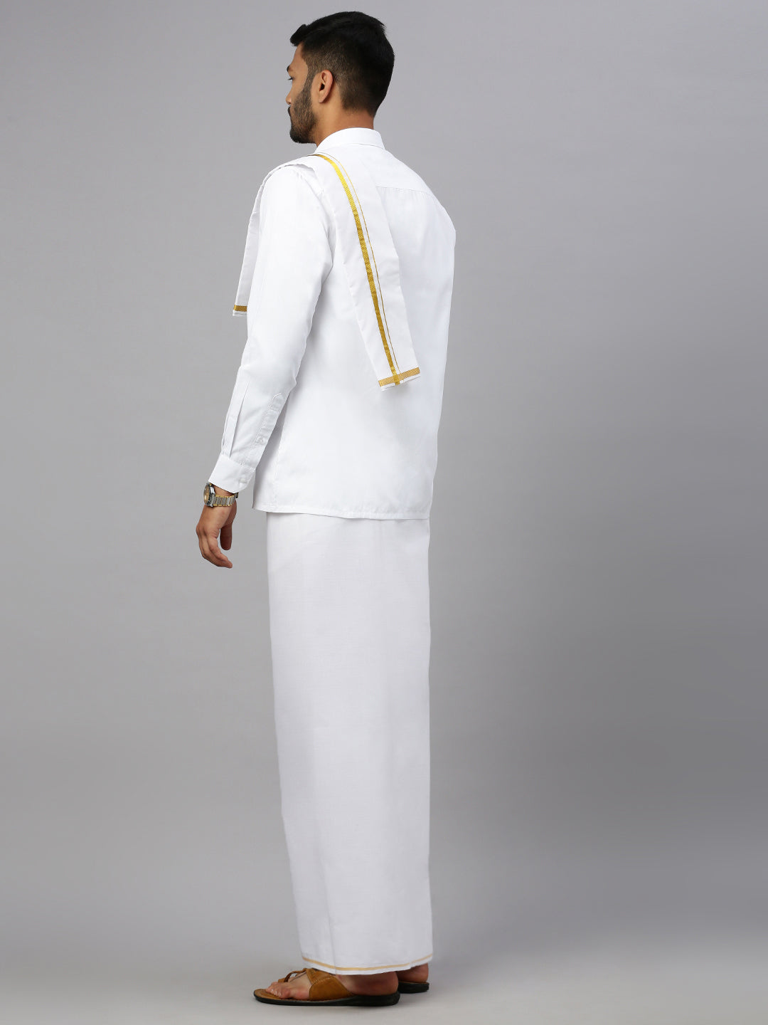 Men 100% Cotton Single Layer White Dhoti with Gold Jari Border Aruthra