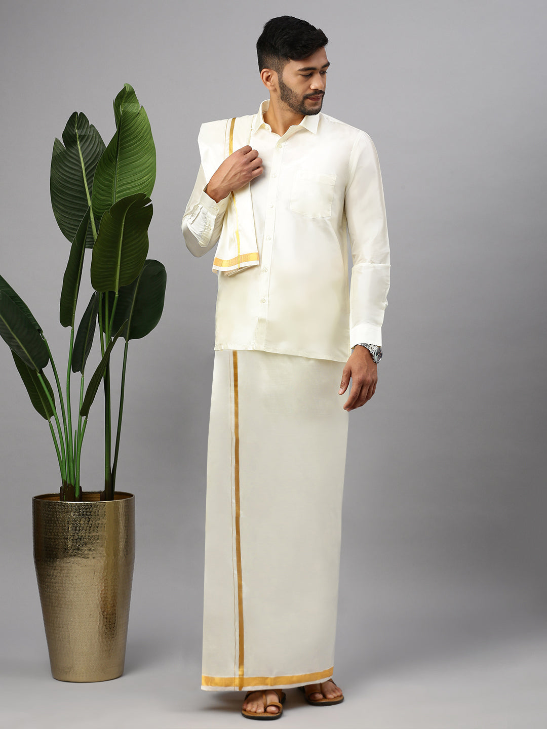 Mens Readymade Cream Dhoti +Towel Set with Gold Jari Silk Plus