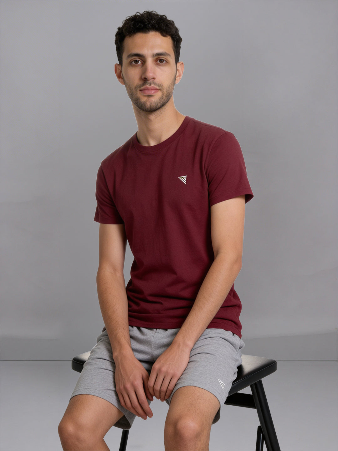 Men Burgandy Crew neck T-Shirt with Grey Melange Shorts Combo ES3