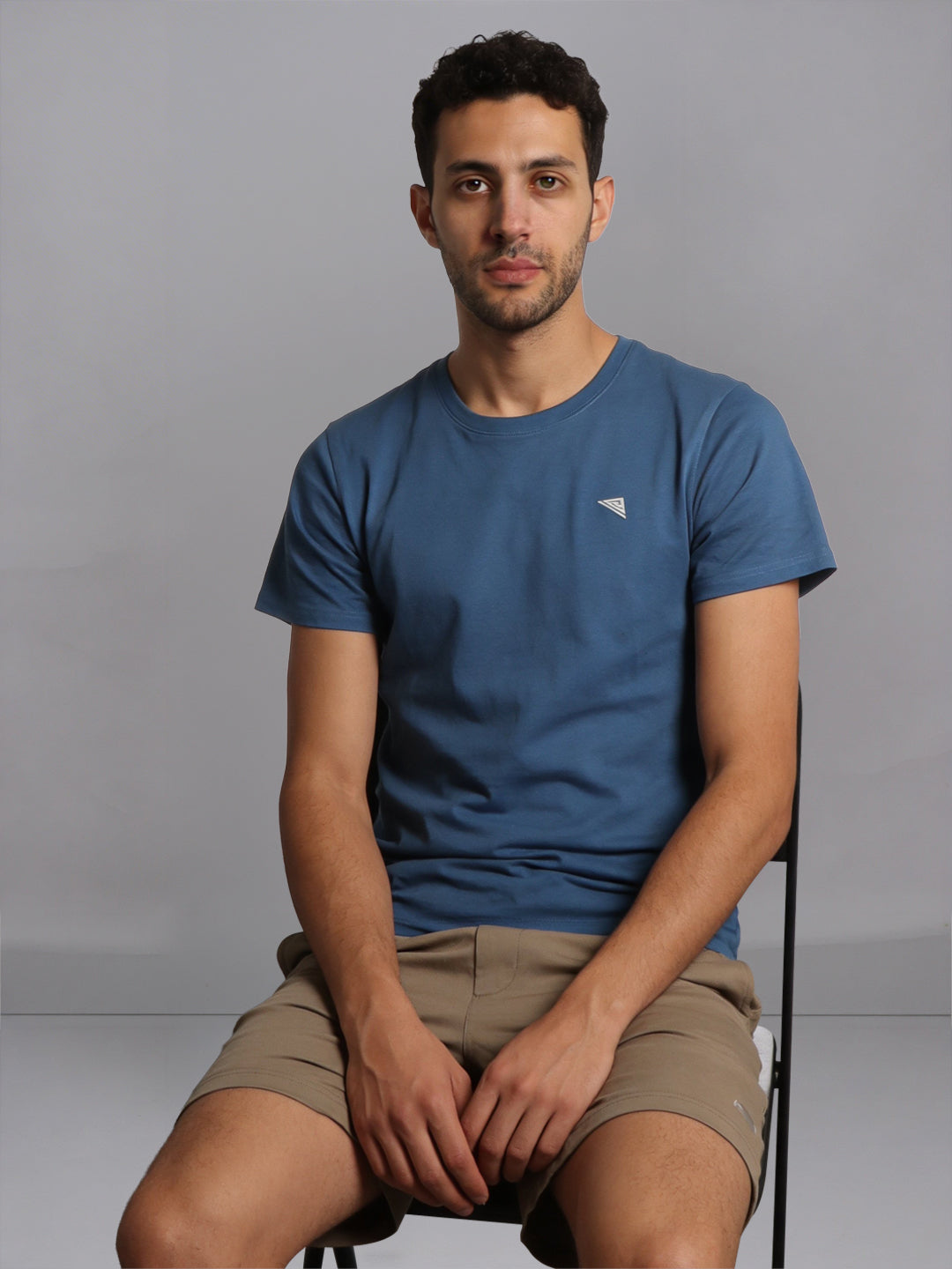 Men Petrol Blue Crew neck T-Shirt with Taupe Shorts Combo ES9