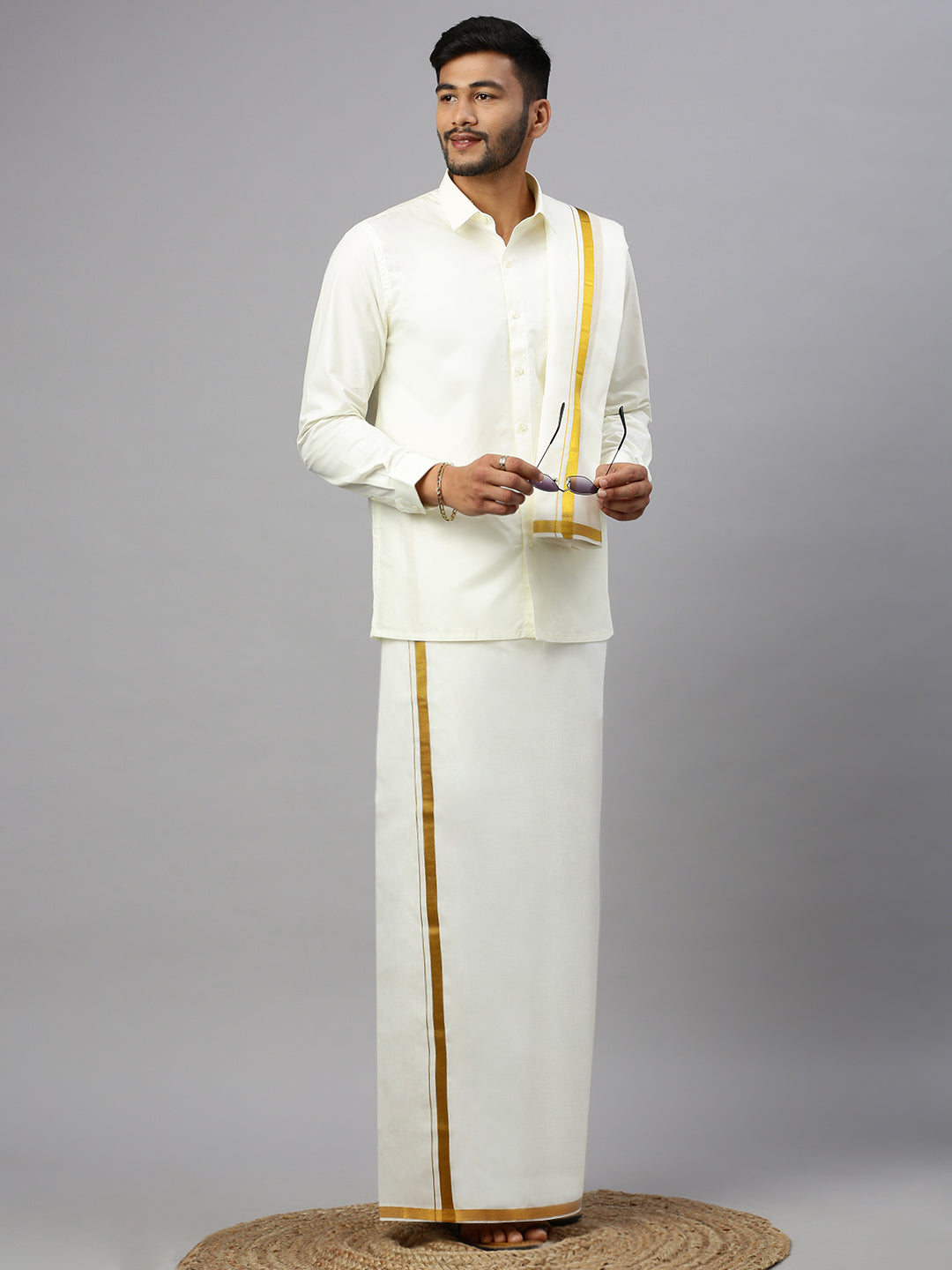 Premium Wedding Cream Readymade Dhoti, Shirt & Towel Set Dhanvanthri