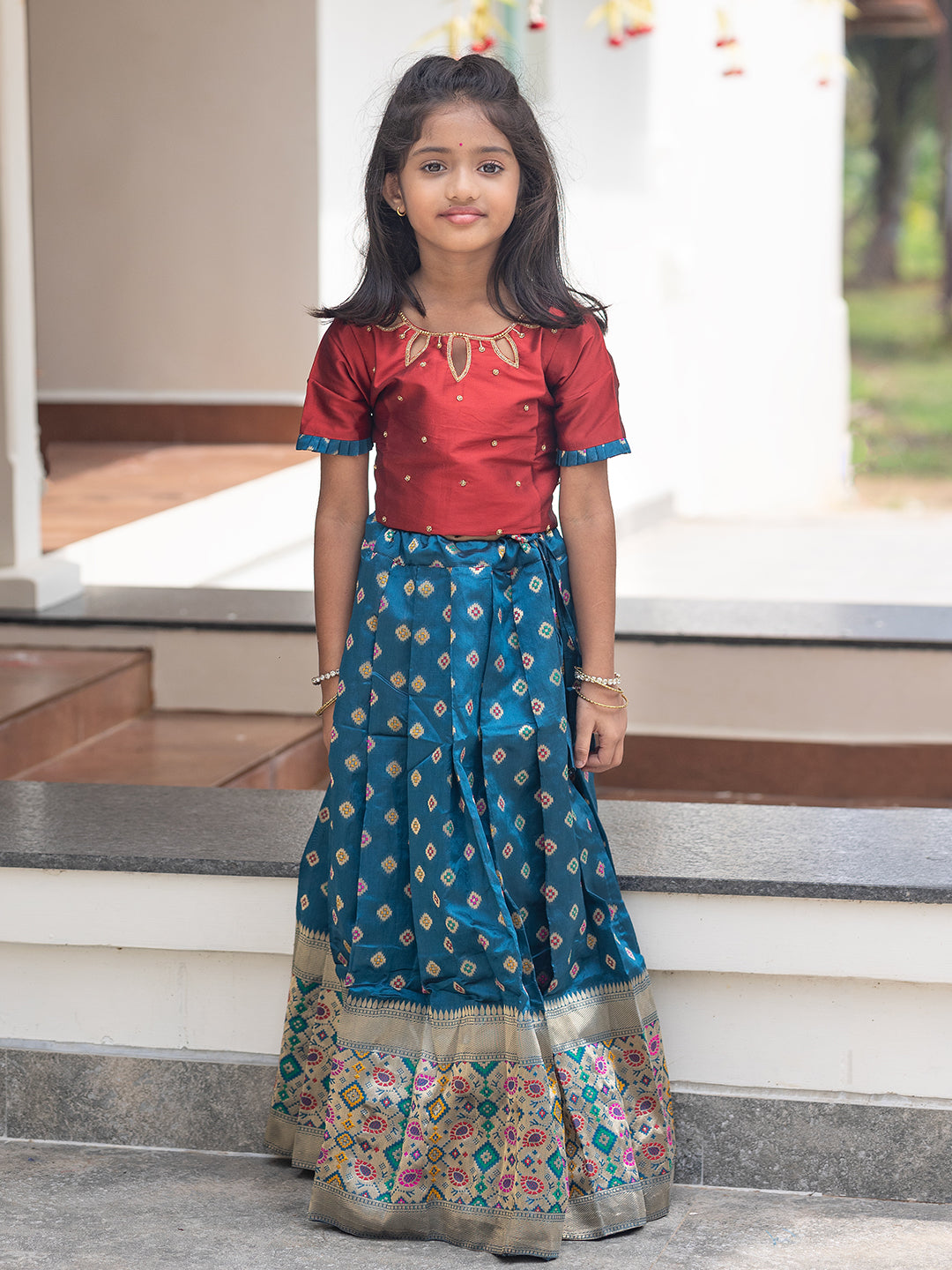 Girls Pattu Pavadai Set Red with Blue Traditional Ethnic Wear GPS34