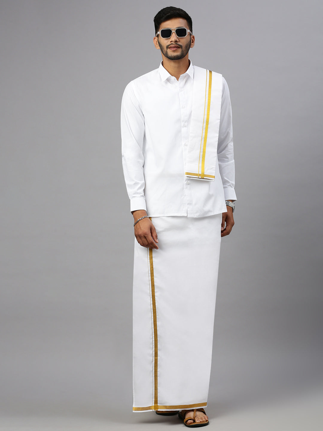 Men White Full Sleeves Shirt with 3/4'' inch Gold Jari Border Single Layer Dhoti & Towel Combo
