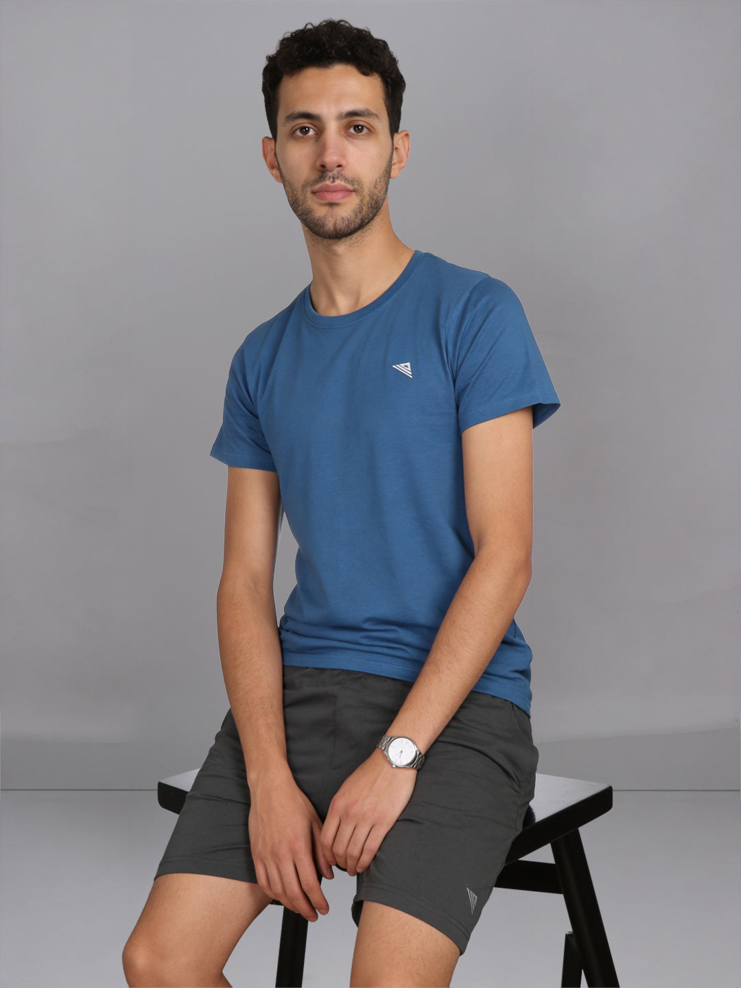 Men Petrol Blue Crew neck T-Shirt with Grey Shorts Combo ES5