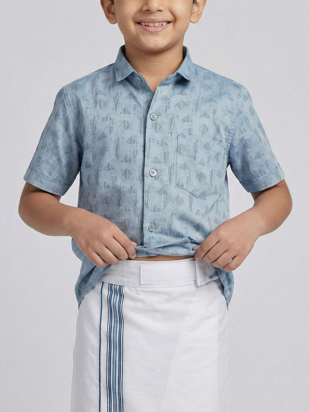 Boys Light Blue Matching Border Dhoti With Printed Shirt Set Fusion PS23