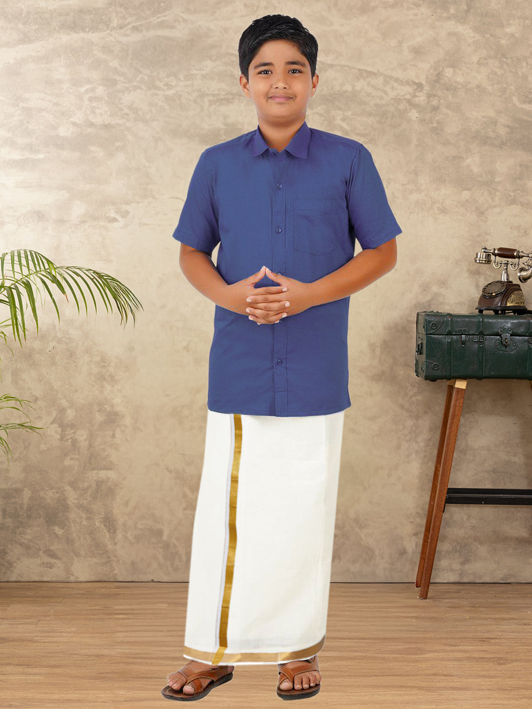 Boys Vetti Vaaram Dhoti & Shirt Combo Dark Blue