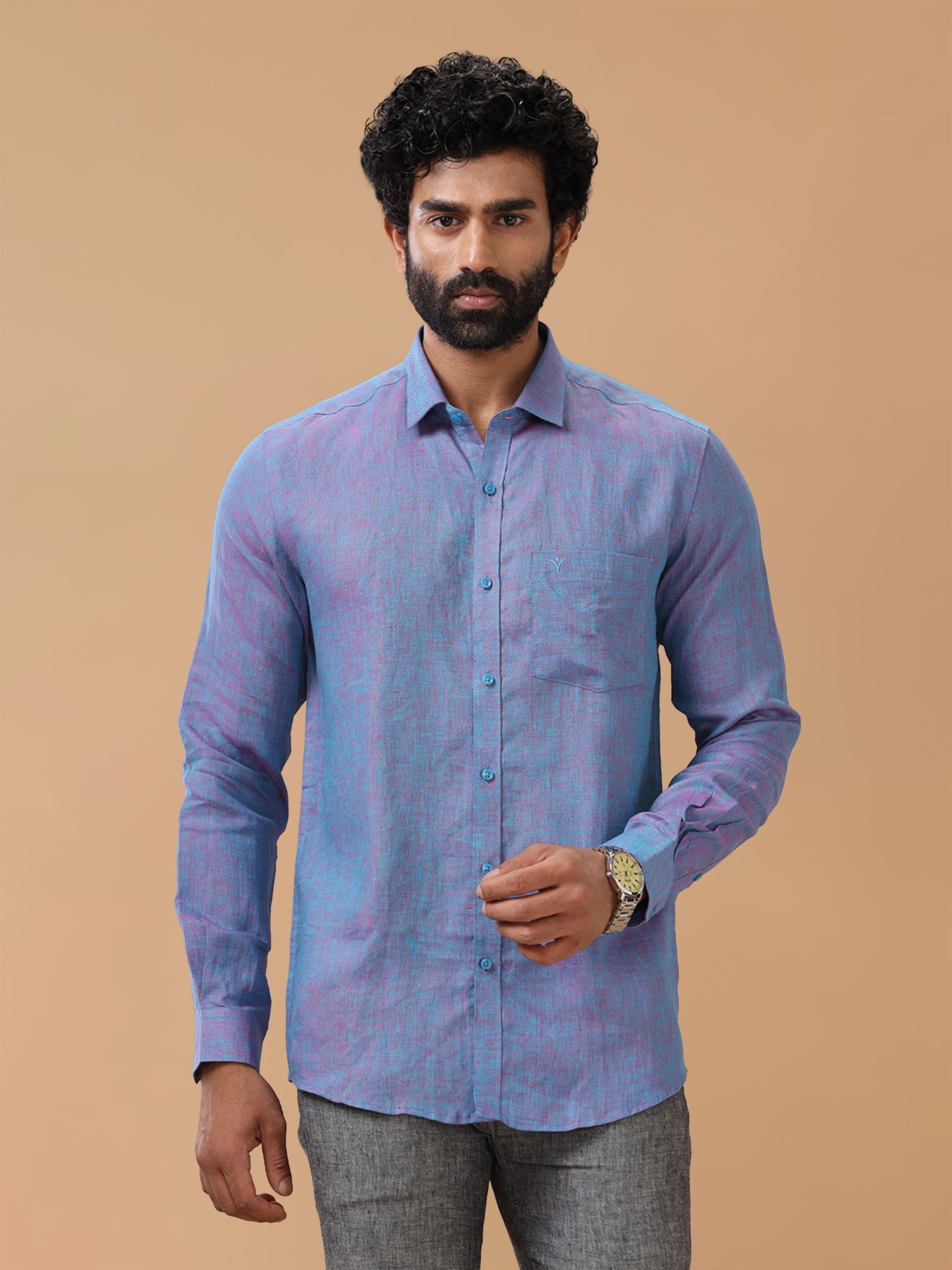 Pure Linen Teal Red Smart Fit Shirt L81