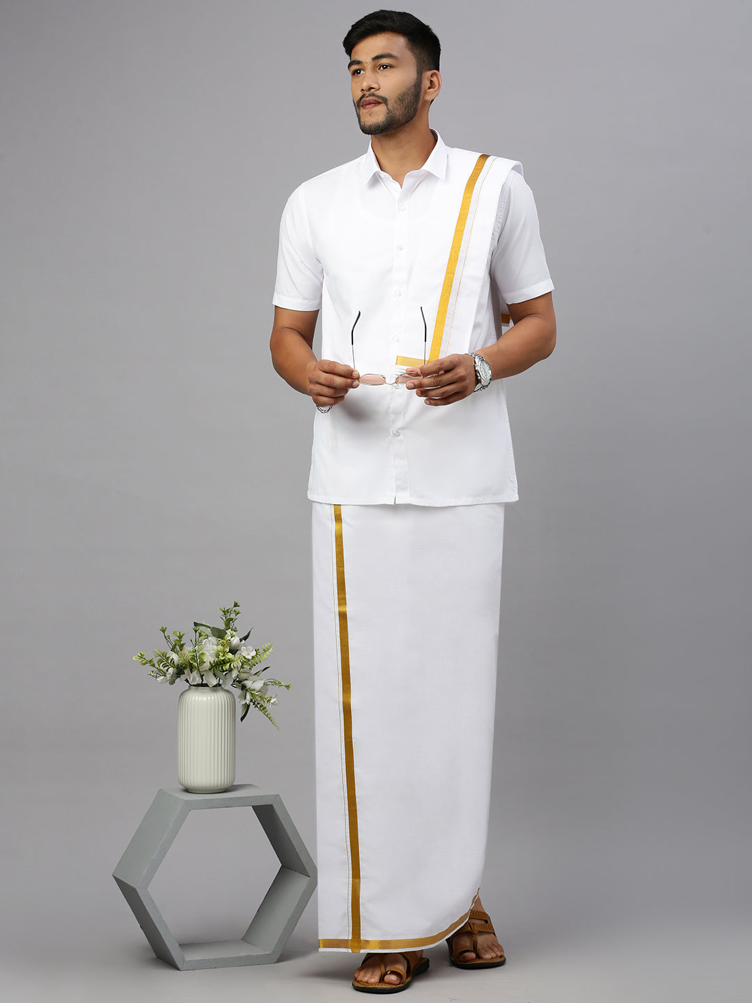 Men 100% Cotton Double Layer White Dhoti &Towel Set with 1/2" Inch Gold Jari Border Kalasadan
