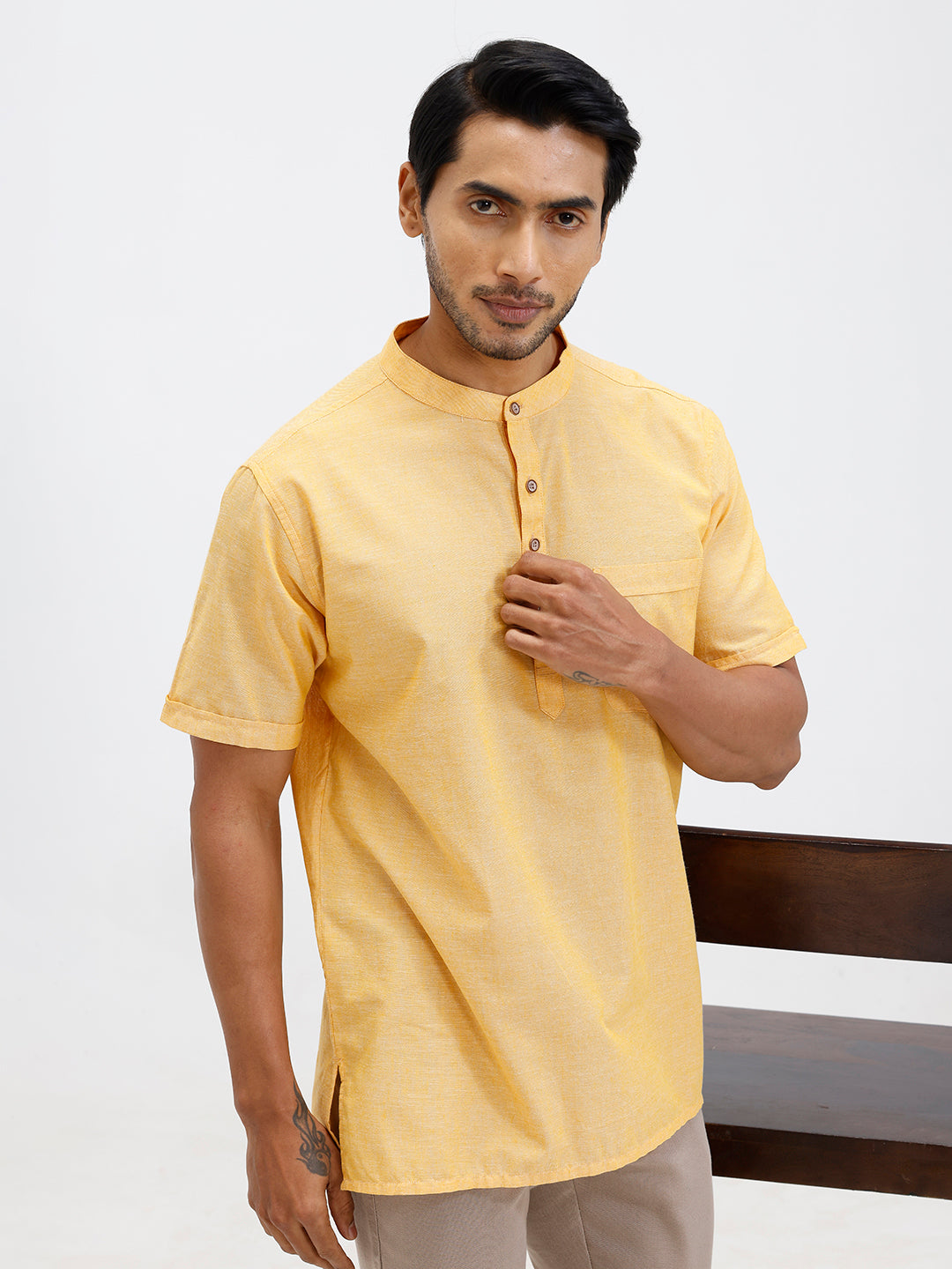 Men Cotton Short Length Plain Pocket Kurta Pale Orange PC31
