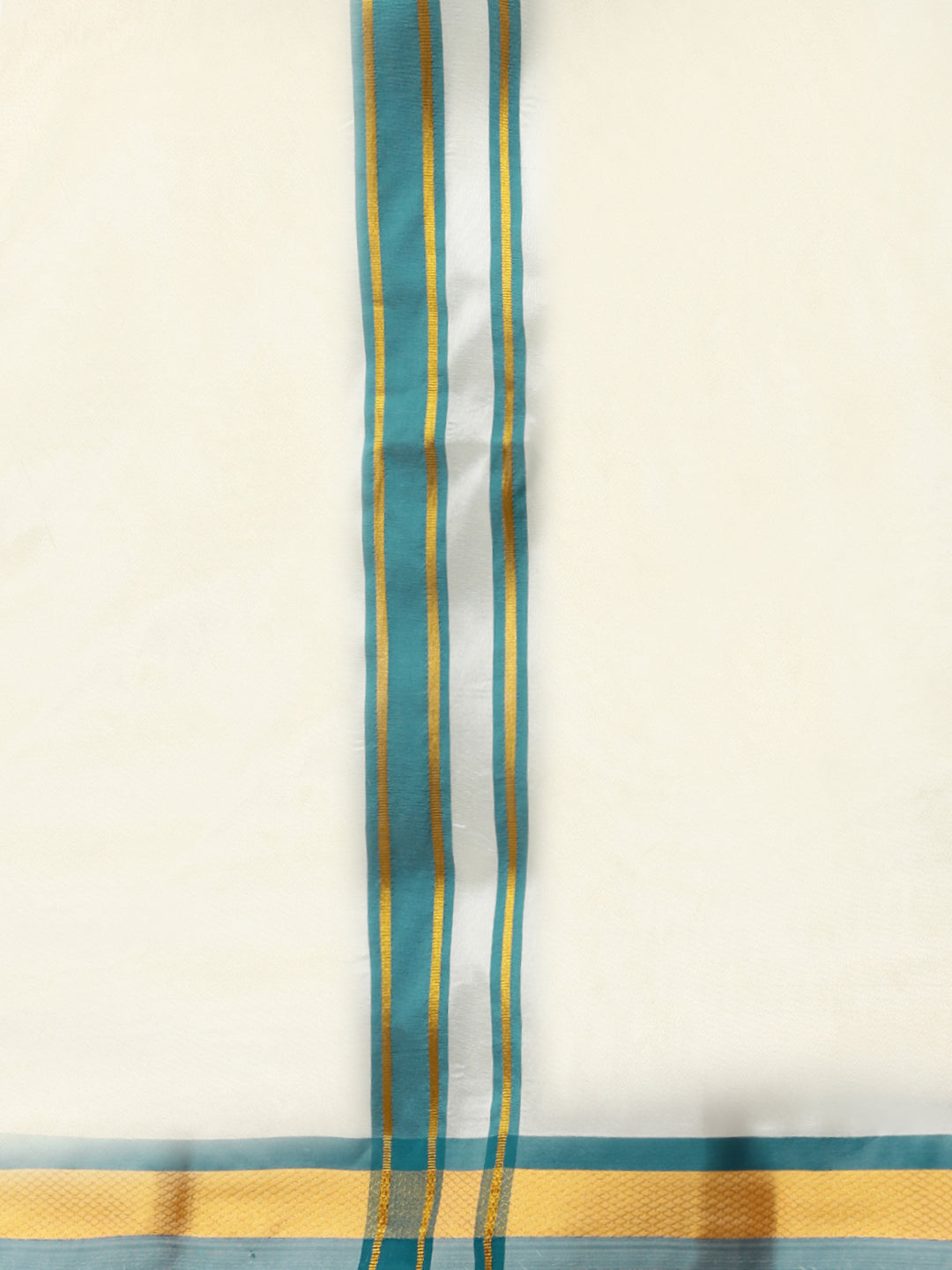 Men Full Sleeves Ramar Green Shirt with Matching Border Cream Dhoti & Towel Set K3