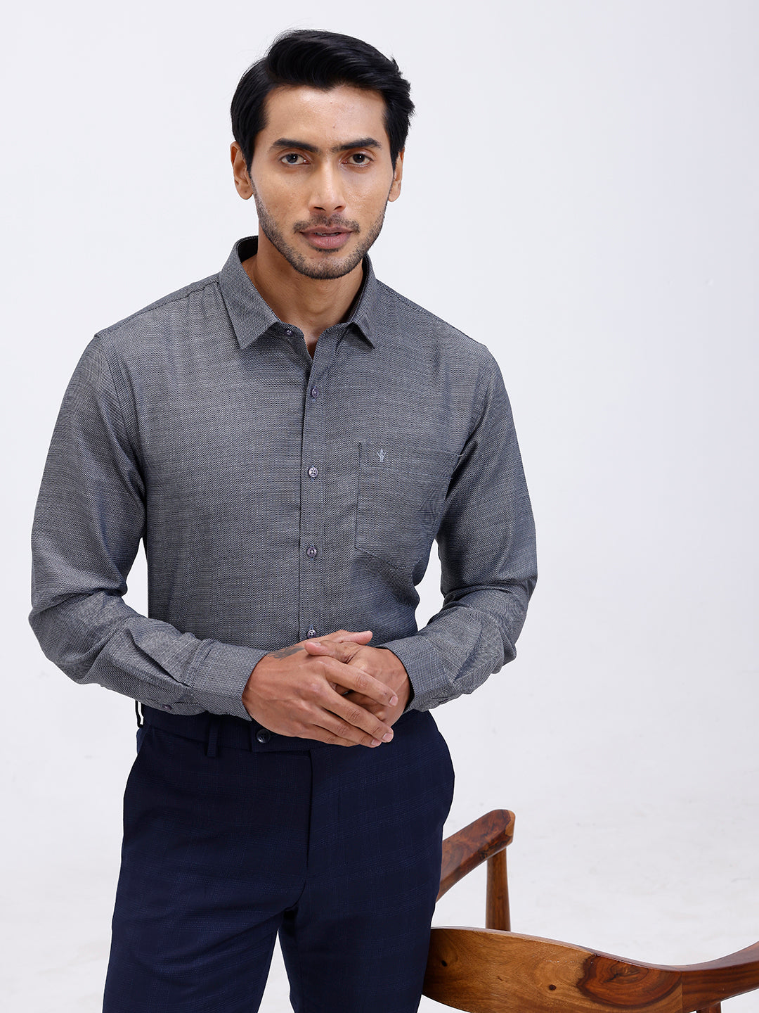 Men Cotton Rich Full Sleeve Shirt Grey Black Dobby T59 AIT5