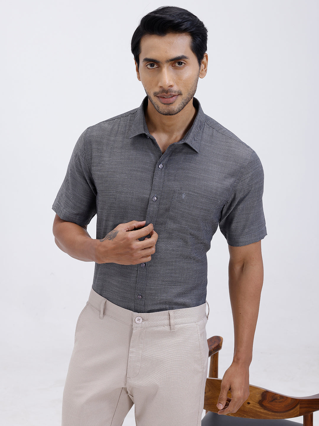 Men Cotton Rich Half Sleeve Shirt Grey Black Dobby T59 AIT5