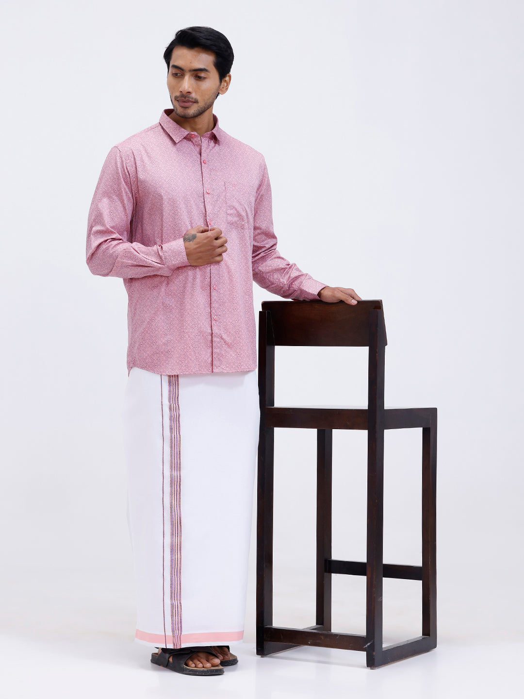 Men Soft Pink Matching Border Dhoti With Printed Shirt Set Fusion PS16