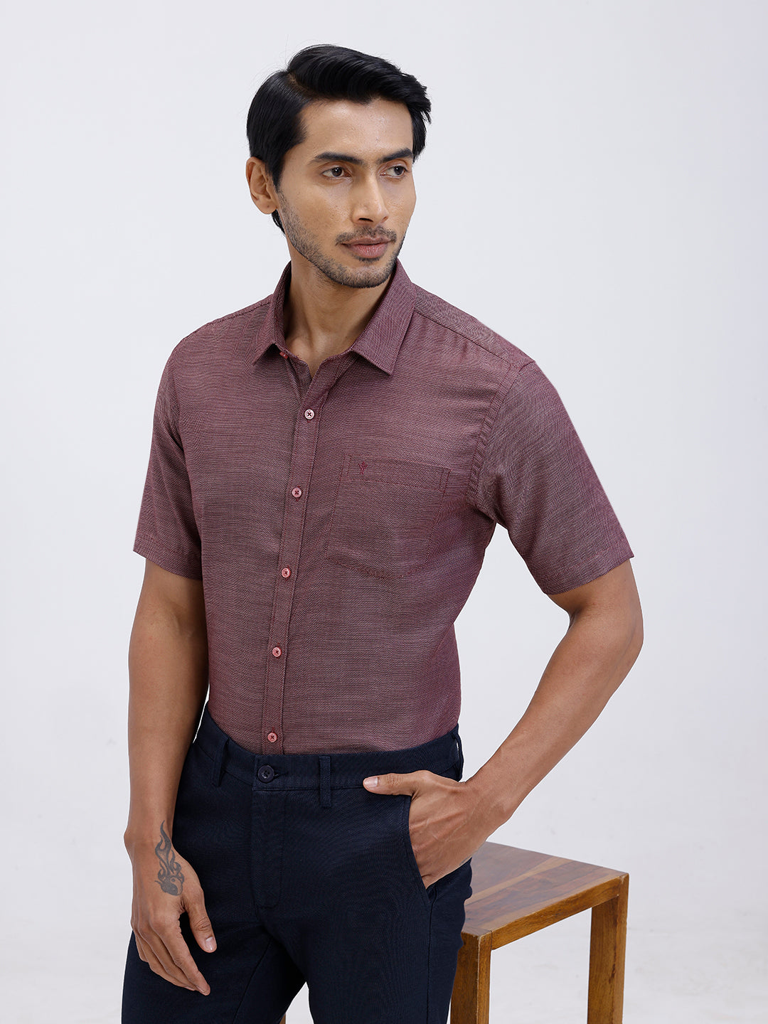 Men Cotton Rich Half Sleeve Shirt Maroon Red Dobby T59 AIT2