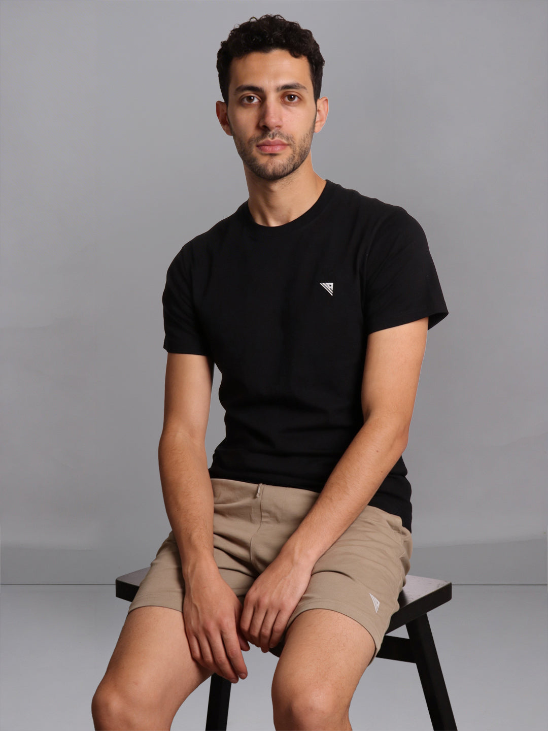 Men Black Crew neck T-Shirt with Beige Shorts Combo ES6