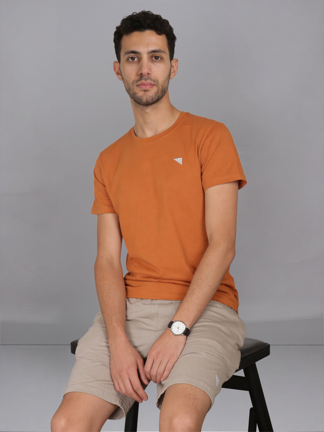 Men Mustard Crew neck T-Shirt with Beige Shorts Combo ES6