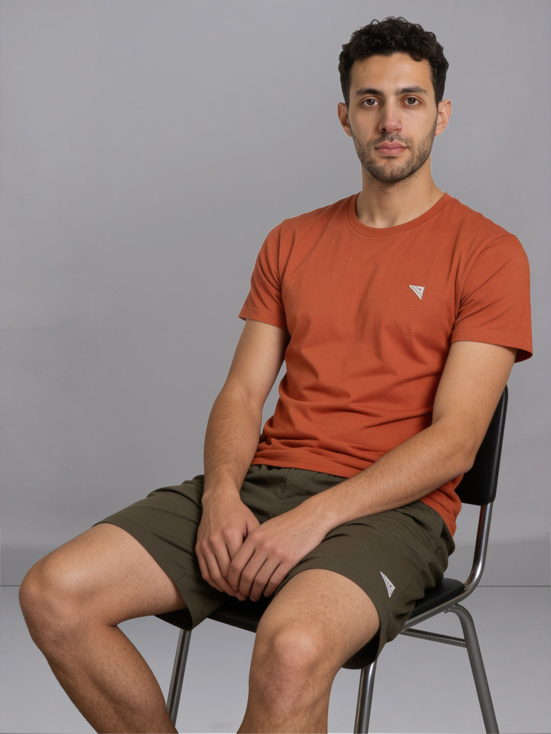 Men Orange Crew neck T-Shirt with Olive Green Shorts Combo ES7