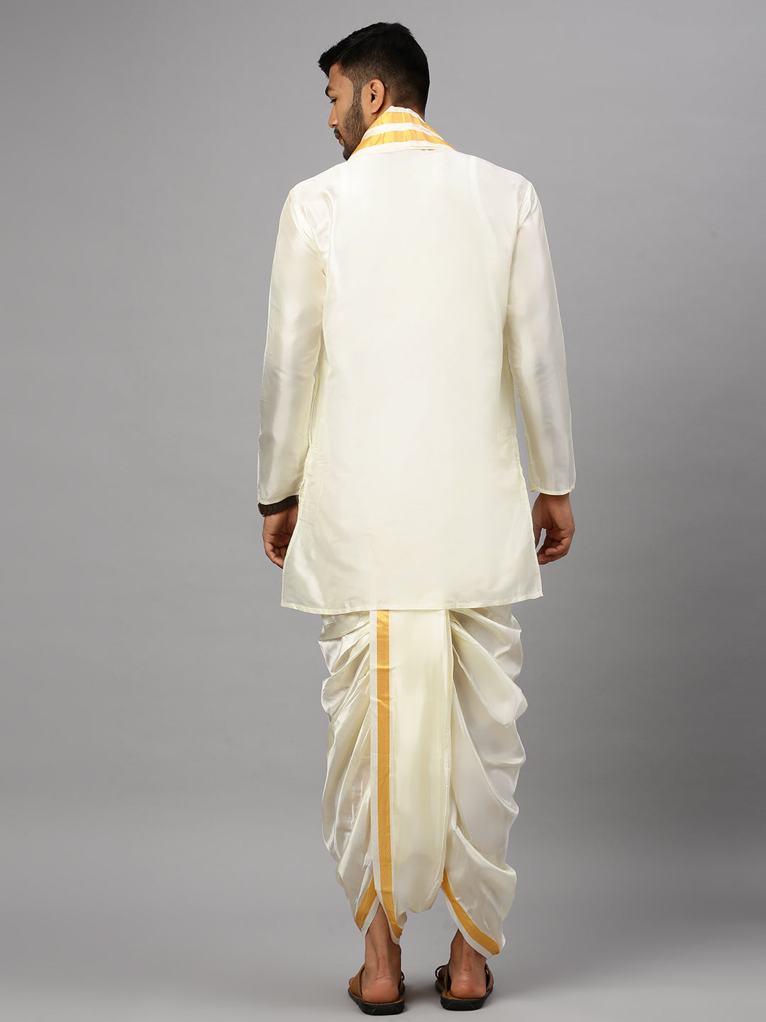 Mens Pure Silk Kurta with Readymade Elastic Panchakacham & Towel Set 1" inch Jari Border