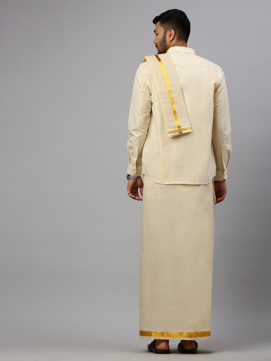 Men Tissue Gold Full Sleeve Shirt Jari Dhoti & Towel Set