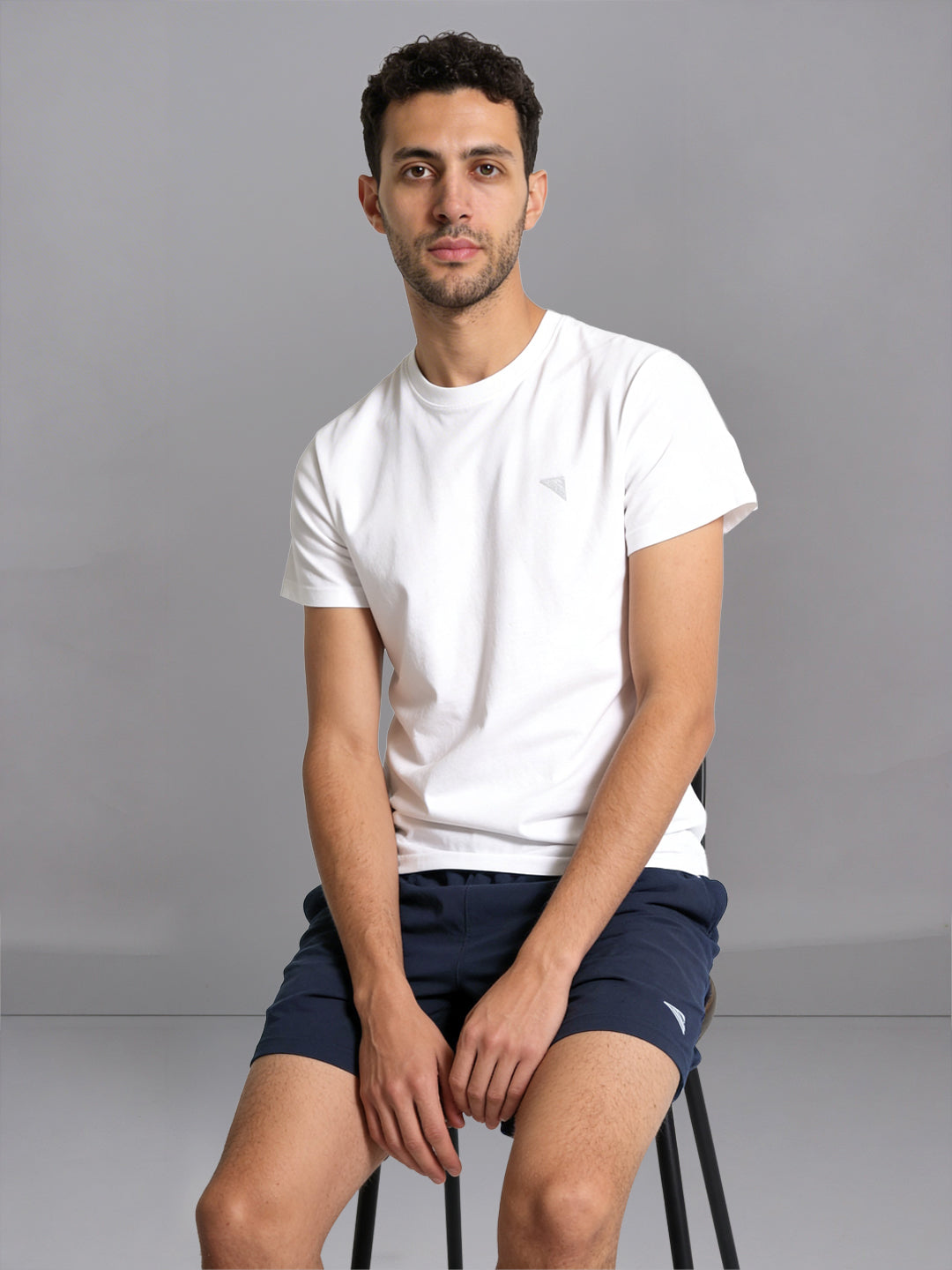 Men White Crew neck T-Shirt with Navy Shorts Combo ES2