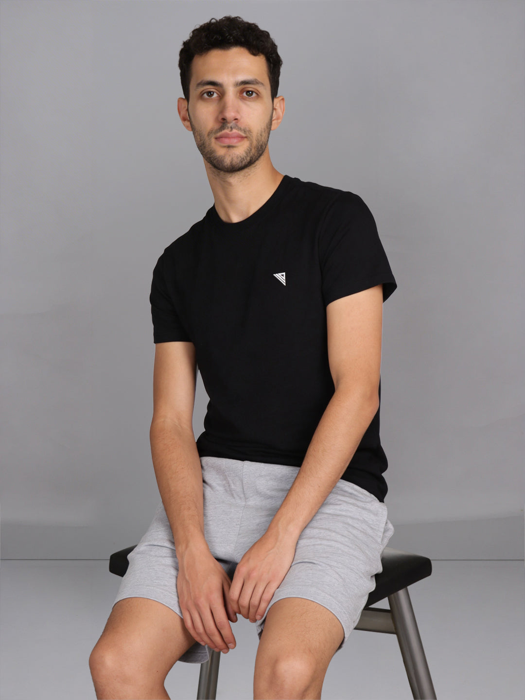 Men Black Crew neck T-Shirt with Grey Shorts Combo ES3