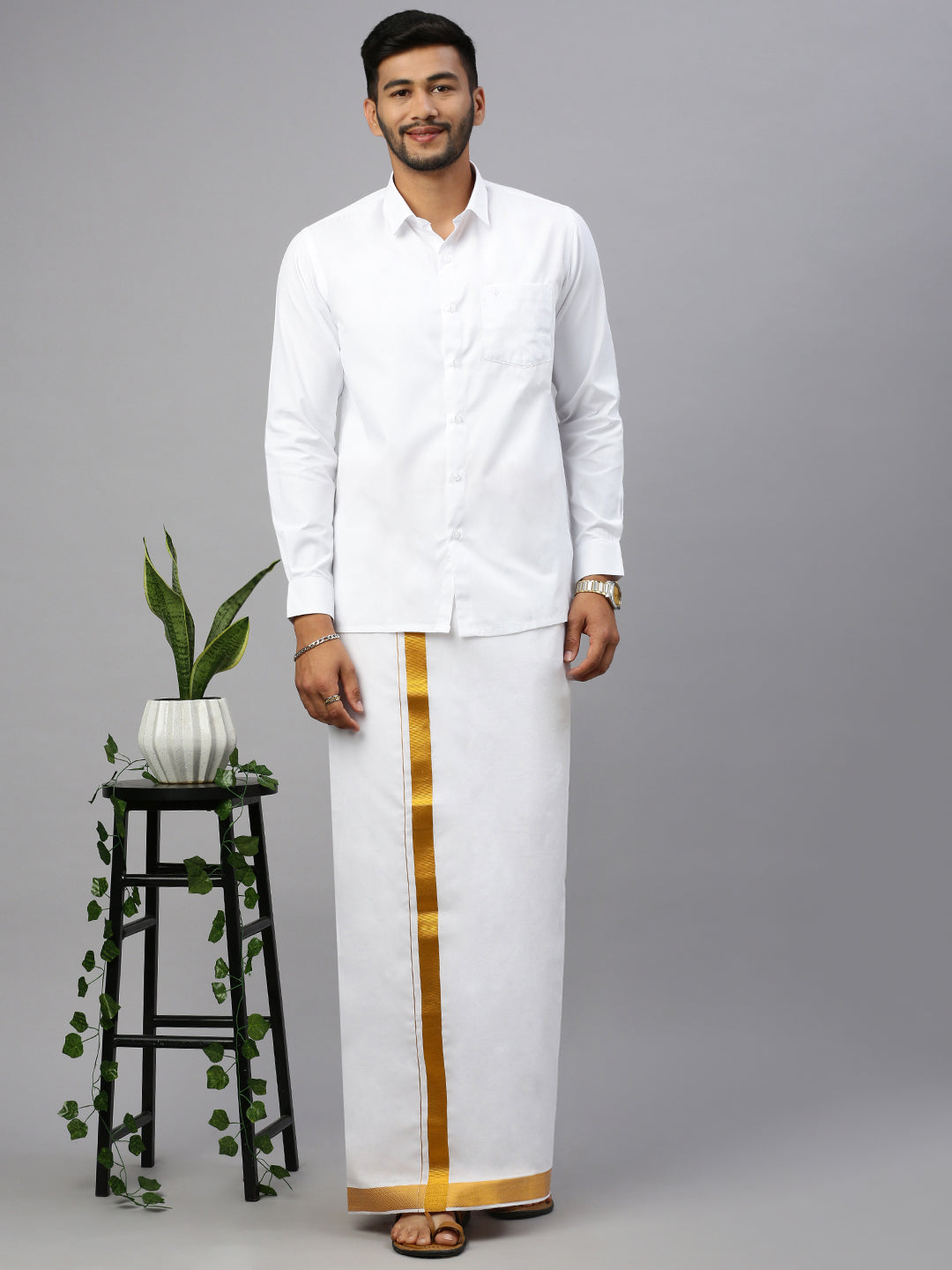 Men 100% Cotton Double Layer White Dhoti with 1 1/4" Gold Jari Border Vetha