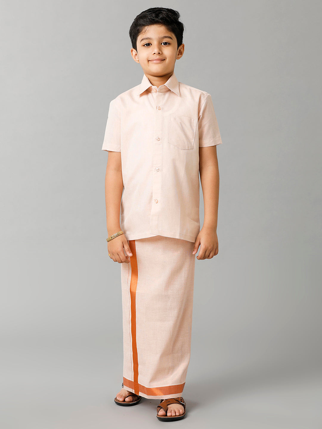 Boys Tissue Jari Half Sleeve Shirt Dhoti Set Sankalpam Copper