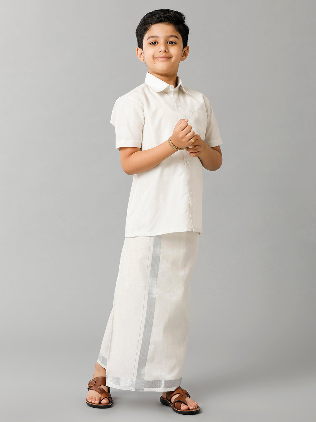 Boys Tissue Jari Half Sleeve Shirt Dhoti Set Sankalpam Silver-Front view