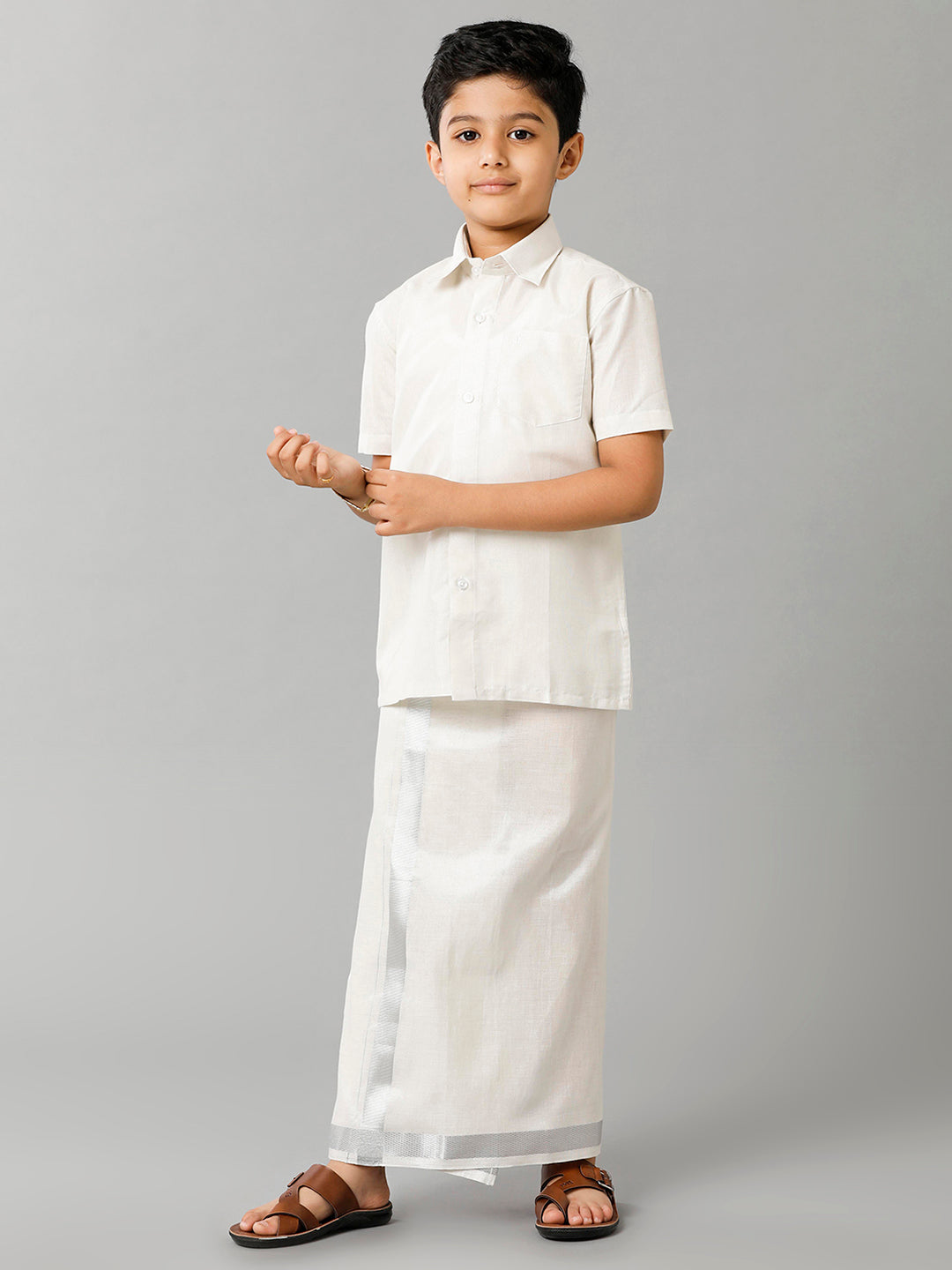 Like Father Like Son Tissue Jari Shirt Dhoti Combo Sankalpam Silver-Kid Front view