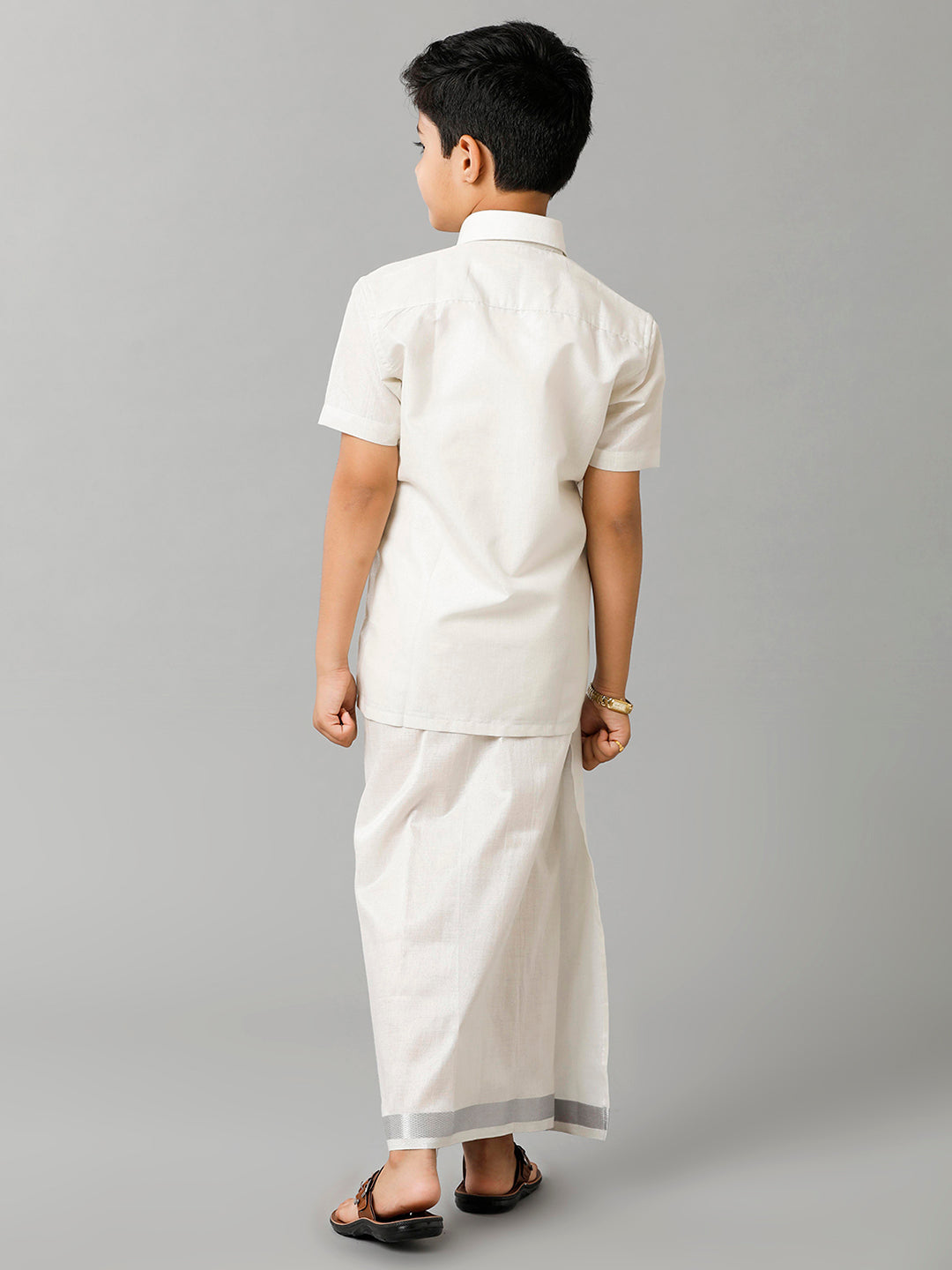 Boys Tissue Jari Half Sleeve Shirt Dhoti Set Sankalpam Silver-Back view