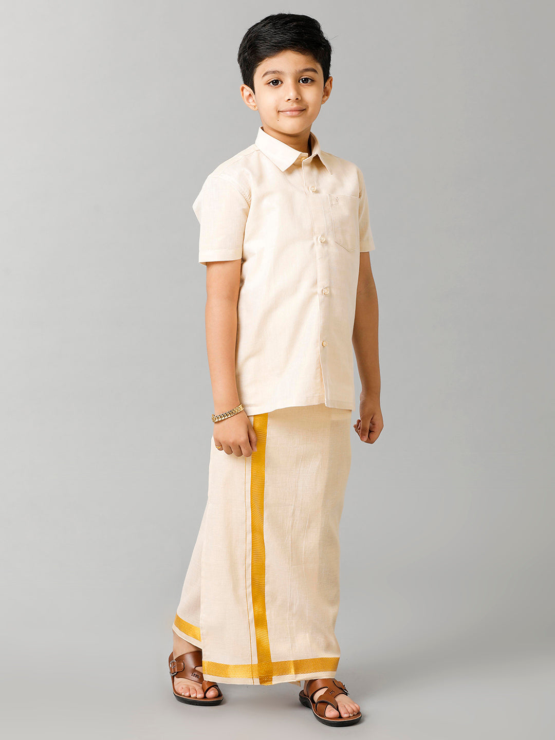 Boys Tissue Jari Half Sleeve Shirt Dhoti Set Sankalpam Gold-Side view