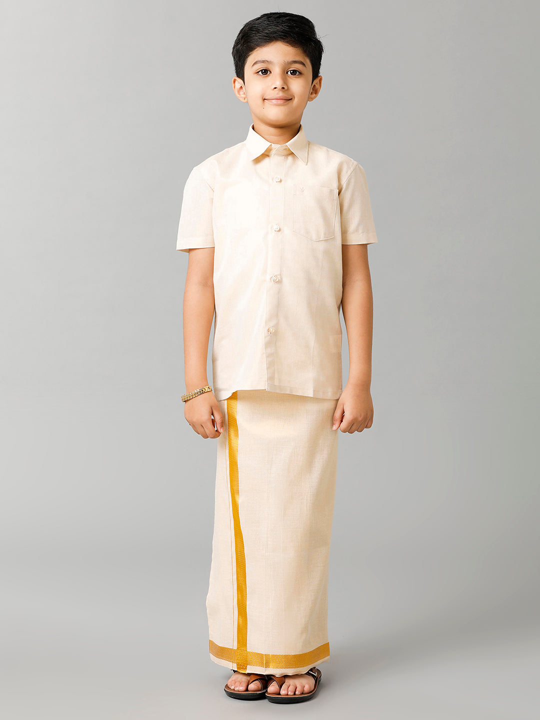 Like Father Like Son Tissue Jari Shirt Dhoti Combo Sankalpam Gold-Kid front view