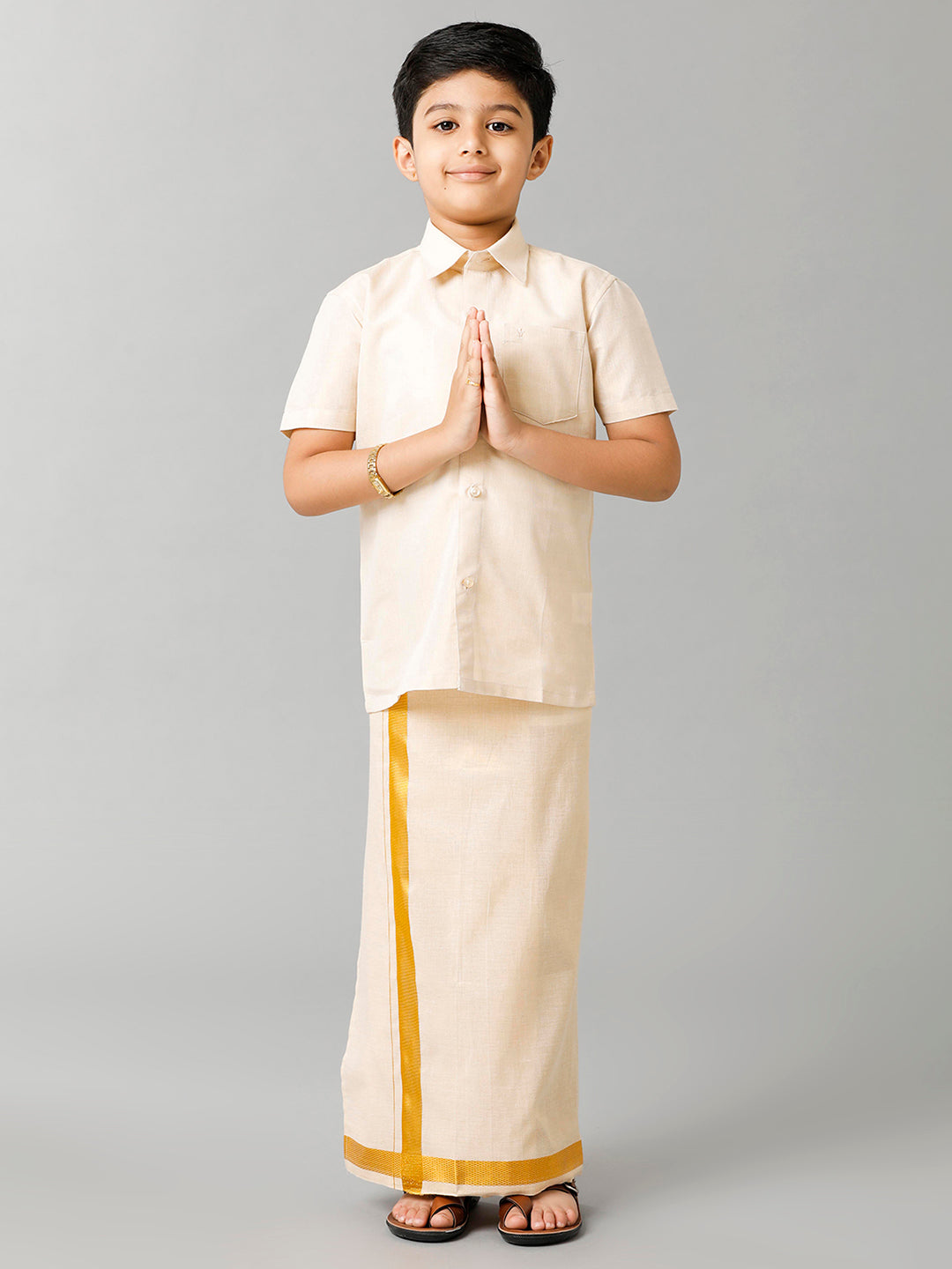 Boys Tissue Jari Half Sleeve Shirt Dhoti Set Sankalpam Gold-Front view