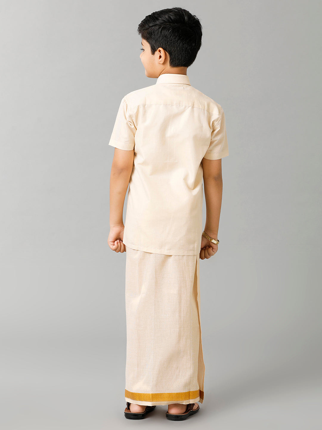 Boys Tissue Jari Half Sleeve Shirt Dhoti Set Sankalpam Gold-Back view