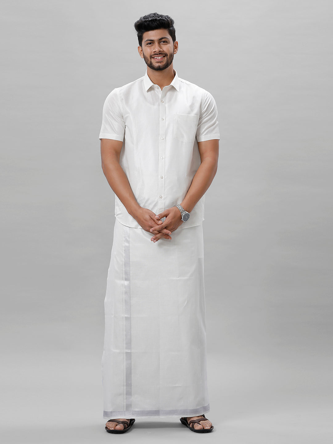 Like Father Like Son Tissue Jari Shirt Dhoti Combo Sankalpam Silver-front view