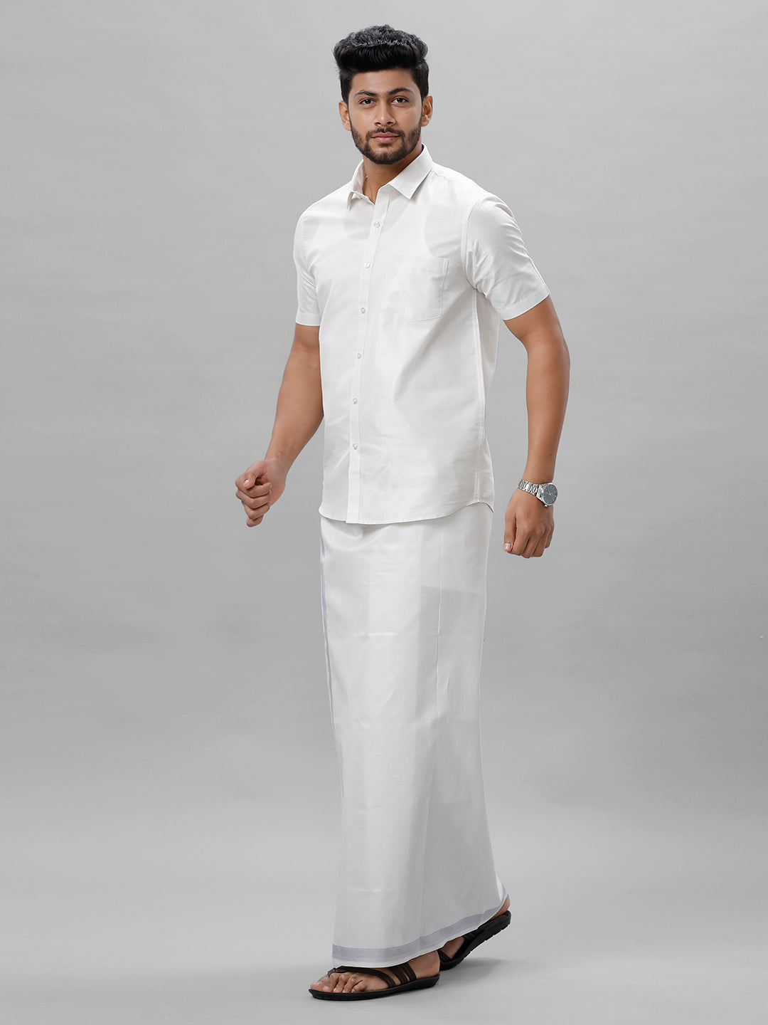 Matching Tissue Jari Dhoti Shirt &  Tissue Jari Saree Couple Combo Silver-Front view