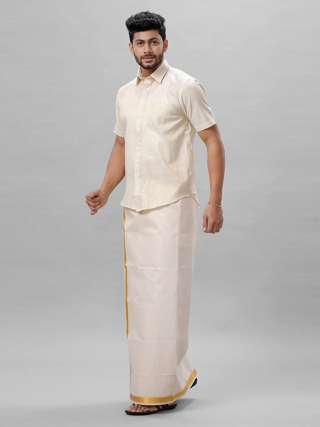 Like Father Like Son Tissue Jari Shirt Dhoti Combo Sankalpam Gold-Front view