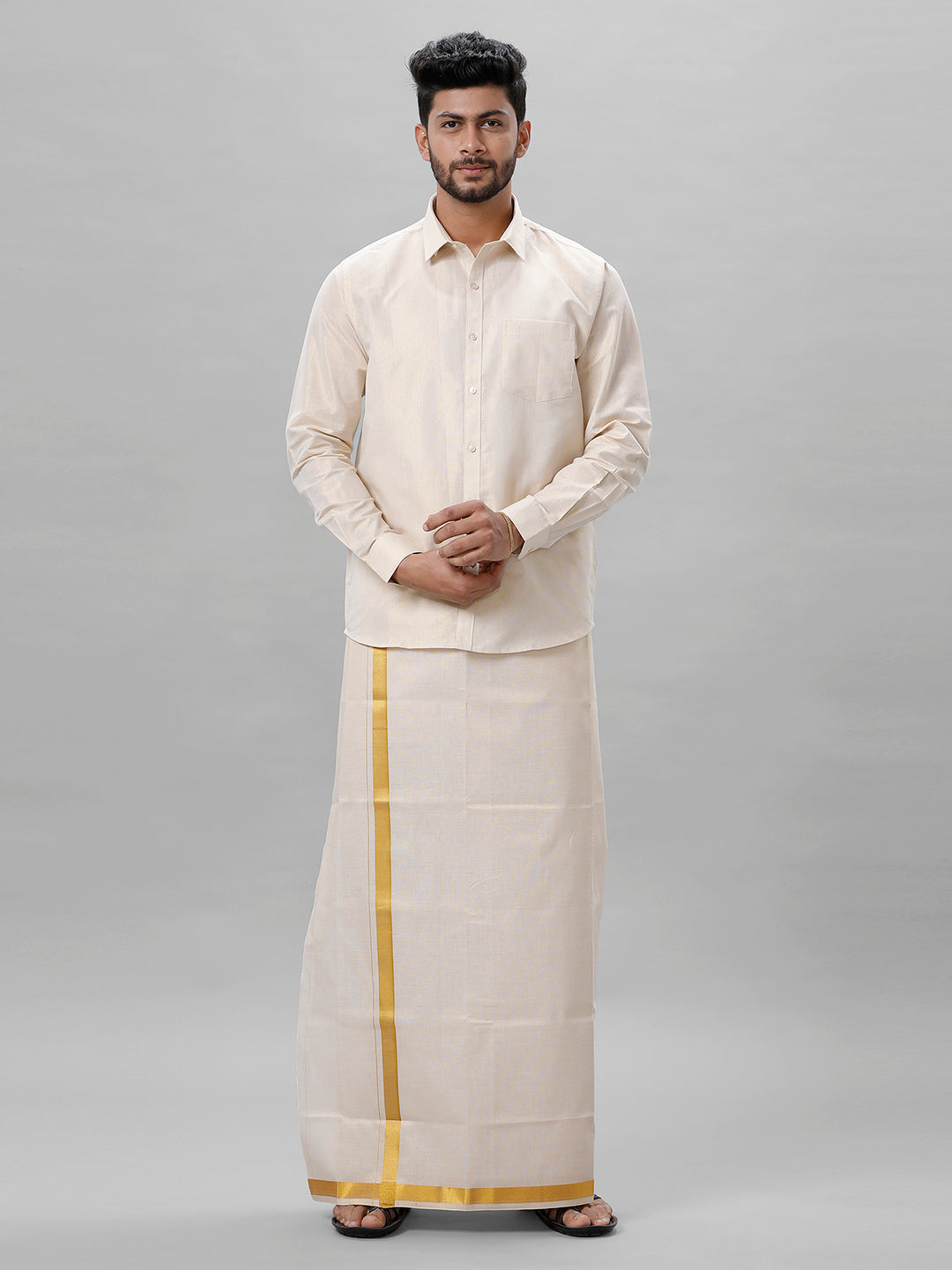 Like Father Like Son Tissue Jari Shirt Dhoti Combo Sankalpam Gold-Front view